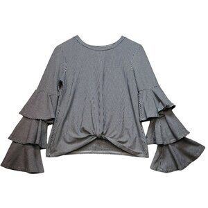 Belle & Sky Women's Twist Front Top Tiered Bell Sleeve Size M Black White Stripe